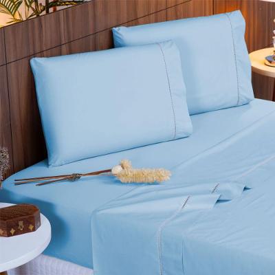 Jogo De Cama Casal 140 Fios Ponto Palito Azul 4pçs