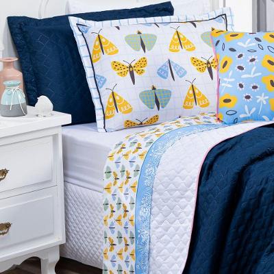 Jogo De Cama Borboletas Branco/Azul Queen 04 Peças