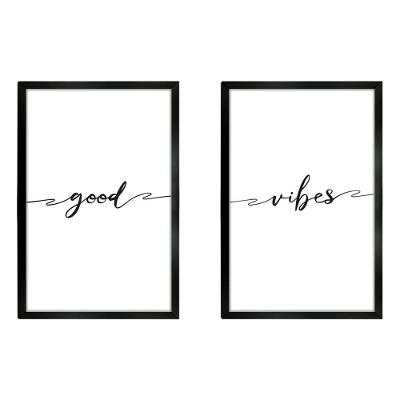 Kit 2 Quadros Casal Frases Good Vibes Titulos Moldura Preta