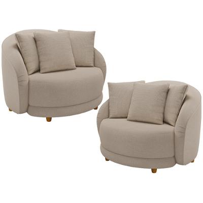 Kit 02 Poltronas Decorativa Sala De Estar Base Fixa De Madeira Witta M03 Linho Cru