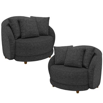 Kit 02 Poltronas Decorativa Sala De Estar Base Fixa De Madeira Witta M03 Linho Chumbo