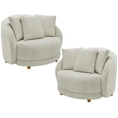 Kit 02 Poltronas Decorativa Sala De Estar Base Fixa De Madeira Witta M03 Bouclê Bege Claro