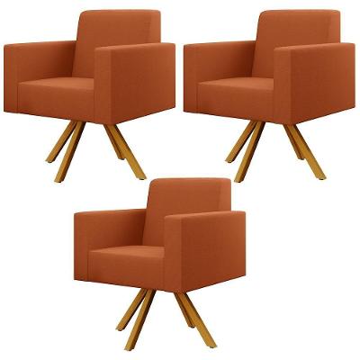 Kit 03 Poltronas Decorativa Base Giratória De Madeira Helô L02 Tecido Terracota