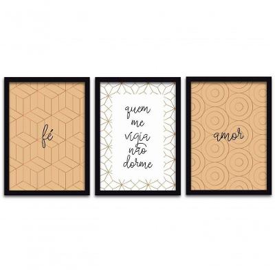 Conjunto Quadros Decorativos 3 peças MDF 20x30 Fé e Amor