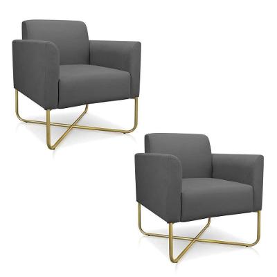 Kit 2 Poltronas Decorativas Base Industrial X Dourada Maressa S08 Suede Grafite