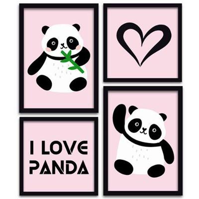 Kit 4 Quadros Decorativos I Love Panda Titulos Moldura Preta