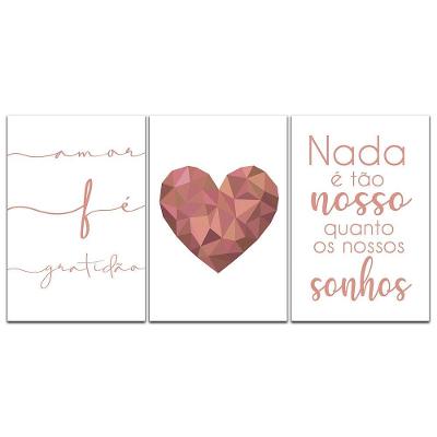 Kit Placas Quadros Decorativos 3 pçs 20x30 Coração Rosa