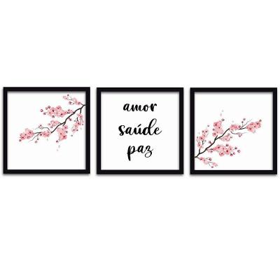 Kit 3 Quadros 40x40 Amor Saúde Paz Titulos Moldura Preta