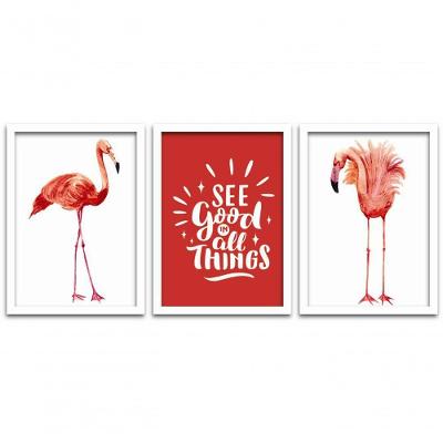 Kit 3 Quadros Mdf 20x30 Flamingos 2 Titulos Moldura Branca