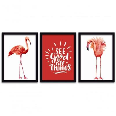 Kit 3 Quadros Mdf 20x30 Flamingos 2 Titulos Moldura Preta