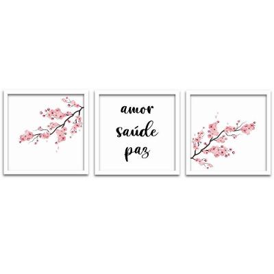 Kit 3 Quadros 40x40 Amor Saúde Paz Titulos Moldura Branca