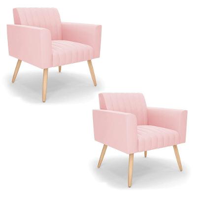 Kit 2 Poltronas Viena Gomada Suede Pés Palito Natural - D'rossi Cor Rosa Bebê