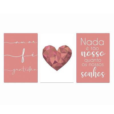 Kit Placas Quadros Decorativos 3 pçs MDF 20x30 Coração Rose