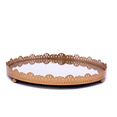 Bandeja Redonda Em Metal Flor Rosê Com Espelho 4x22x22 Cm