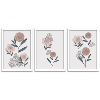 Quadros Decorativos 3 Peças 40x60 Flores Moldura Branca