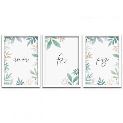 Quadros Decorativos 3 Peças 40x60 Amor Fé Paz Moldura Branca