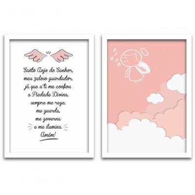 Quadros Decorativos 2 Pçs 40x60cm Menina Anjo Moldura Branca