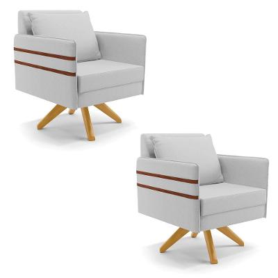Kit 02 Poltronas Linho Base De Madeira Ma30 A05 Cinza
