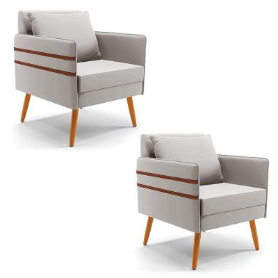 Kit 02 Poltronas Mari Veludo Pés Palito Castanho Cinza