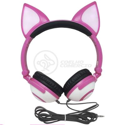 Fone De Ouvido Gatinho Fio Com Led Dobrável Microfone Rosa