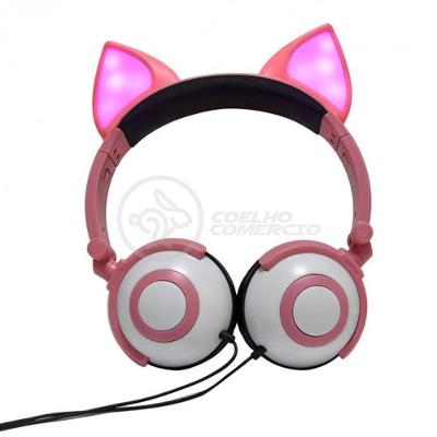 Fone De Ouvido Gatinho Fio C/ Led Infantil Rosa