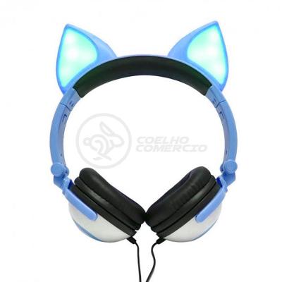 Fone De Ouvido Gatinho Led Dobrável Microfone Azul