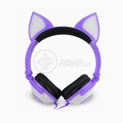 Fone De Ouvido Gatinho Led Dobrável Microfone Roxo