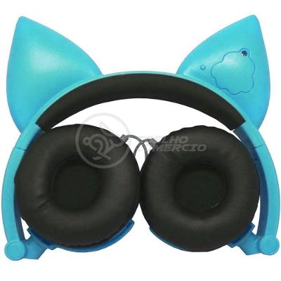 Fone De Ouvido Gatinho Led Dobrável Microfone Azul