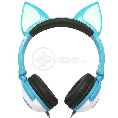 Fone De Ouvido Gatinho Led Dobrável Microfone Azul