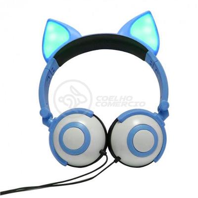 Fone De Ouvido Gatinho Led Dobrável Microfone Azul