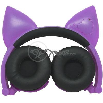 Fone De Ouvido Gatinho Led Dobrável Microfone Roxo
