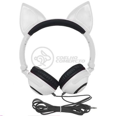 Fone De Ouvido Gatinho Led Dobrável Microfone Branco