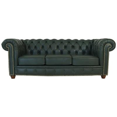 Sofá 3 Lugares 235cm Chesterfield Pés Madeira Couro Verde