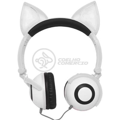 Fone De Ouvido Gatinho Fox Fio C/ Led Infantil Branco
