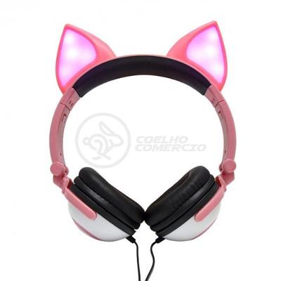Fone De Ouvido Gatinho Fio Com Led Dobrável Microfone Rosa