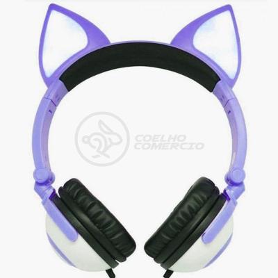 Fone De Ouvido Gatinho Led Dobrável Microfone Roxo