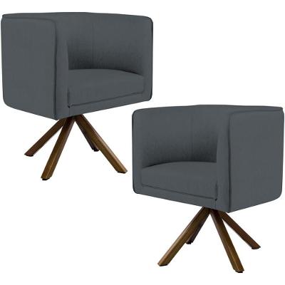 Kit 02 Poltronas Base Giratória De Madeira Corano Cinza