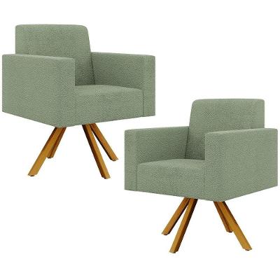 Kit 02 Poltronas Giratória Sala De Estar Base De Madeira Helô L02 Bouclê Oliva