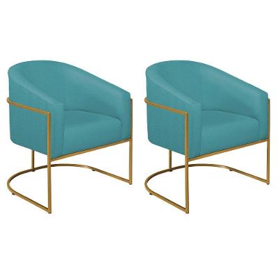 Kit 02 Poltronas Luiza Base De Ferro Dourado Suede Azul Turquesa