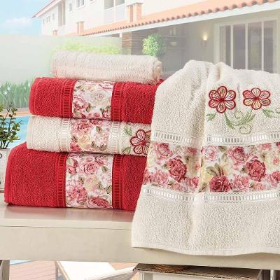 Jogo De Banho Toalhas Passione 100% Algodão Macio 05 Peças Bordado Floral - Vermelho Com Palha