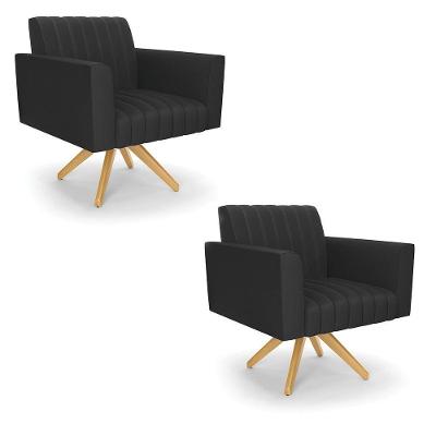 Kit 2 Poltronas Giratória Viena Gomada Corino Base De Madeira Ma30 - D'rossi Cor Preto