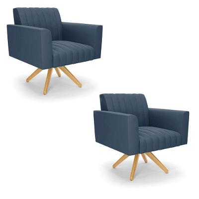 Kit 2 Poltronas Giratória Viena Gomada Suede Base De Madeira Ma30 - D'rossi Cor Azul Marinho