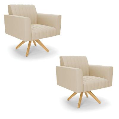 Kit 2 Poltronas Giratória Viena Gomada Suede Base De Madeira Ma30 - D'rossi Cor Bege