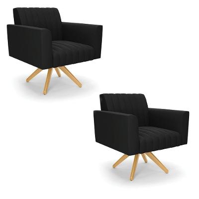 Kit 2 Poltronas Giratória Viena Gomada Suede Base De Madeira Ma30 - D'rossi Cor Preto