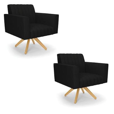 Kit 2 Poltronas Giratória Viena Gomada Linho Base De Madeira Ma30 - D'rossi Cor A79 Preto