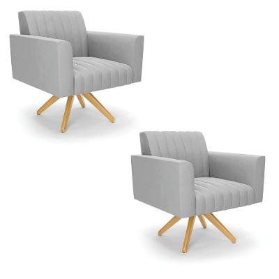 Kit 2 Poltronas Giratória Viena Gomada Suede Base De Madeira Ma30 - D'rossi Cor Cinza