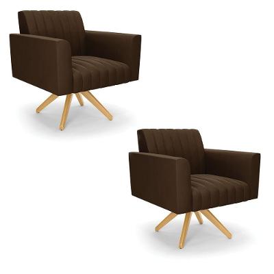 Kit 2 Poltronas Giratória Viena Gomada Suede Marrom Base De Madeira Ma30 - D'rossi