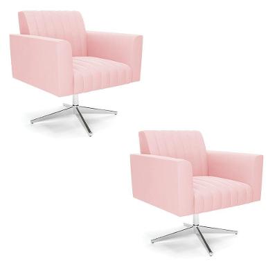 Kit 2 Poltronas Giratória Viena Gomada Suede Base Cromada - D'rossi Cor Rosa Bebê