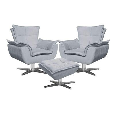 Kit 2 Poltronas Decorativas Base Giratória Cromada Com Puff Opla Suede Cinza - Ibiza