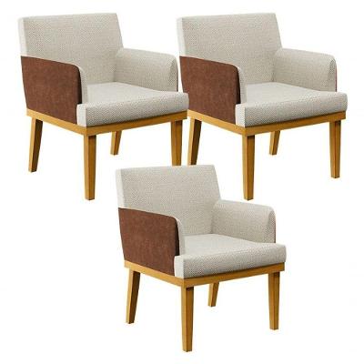 Kit 03 Poltronas Decorativa Base Mel Beatriz W01 Linho Champagne Couríssimo Marrom